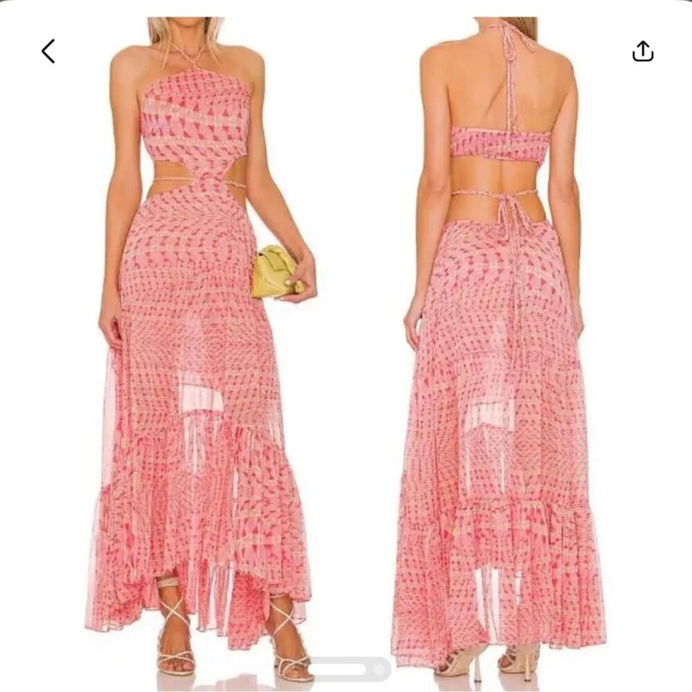 NWT MISA Los Angeles $510 Dalia Cutout Halter Chiffon Maxi Dress in Septima Geo